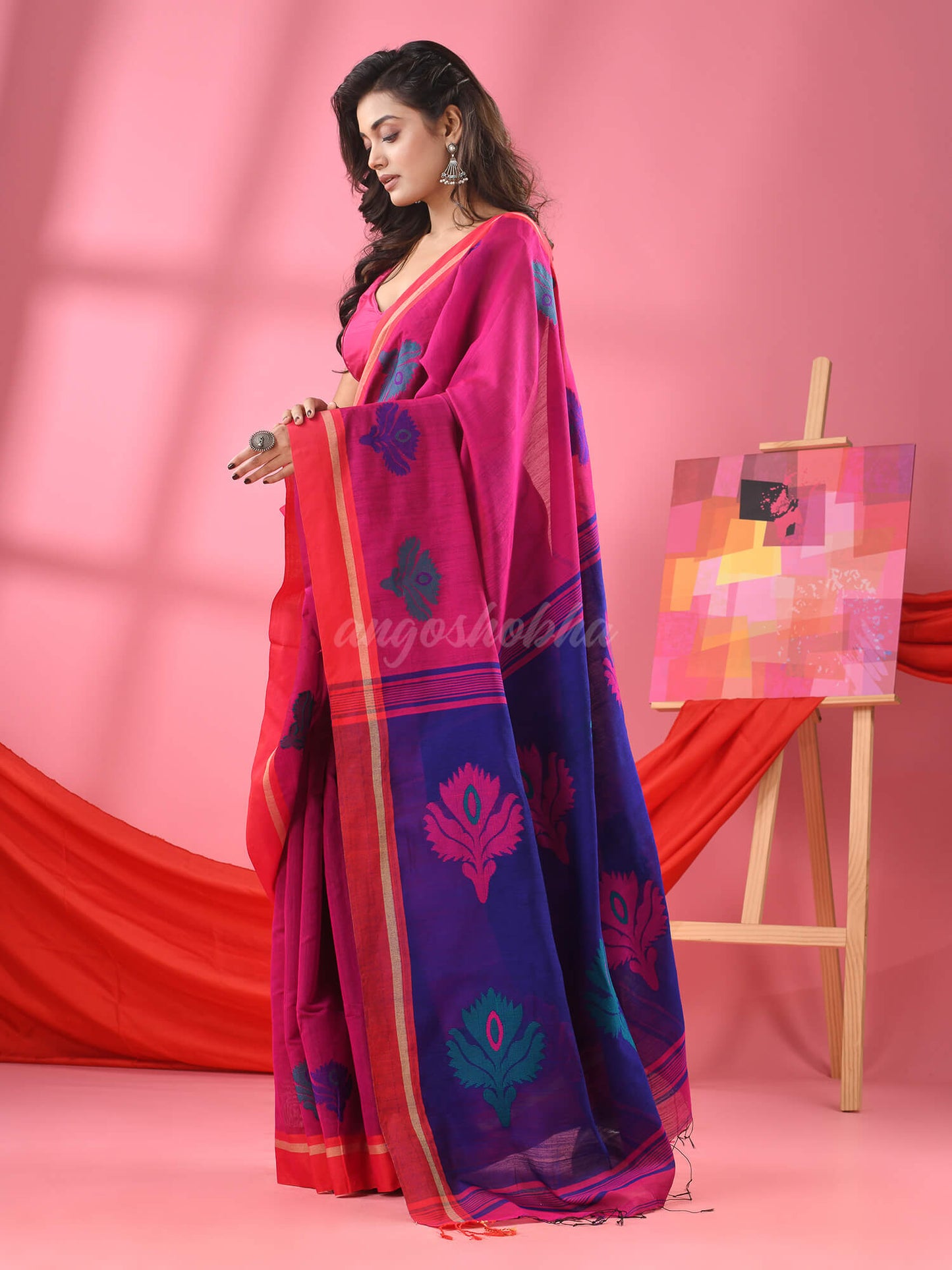 Fandango Pink Cotton Blend Jacquard Work Handloom Saree