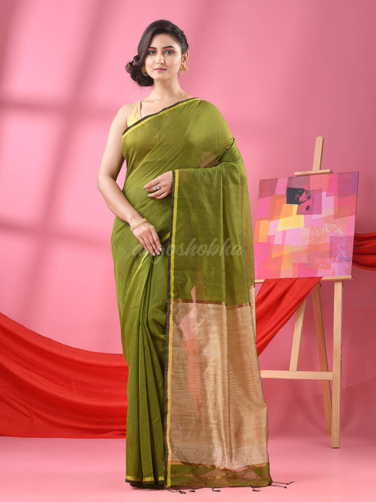 Olive Green Cotton Blend Handloom Saree