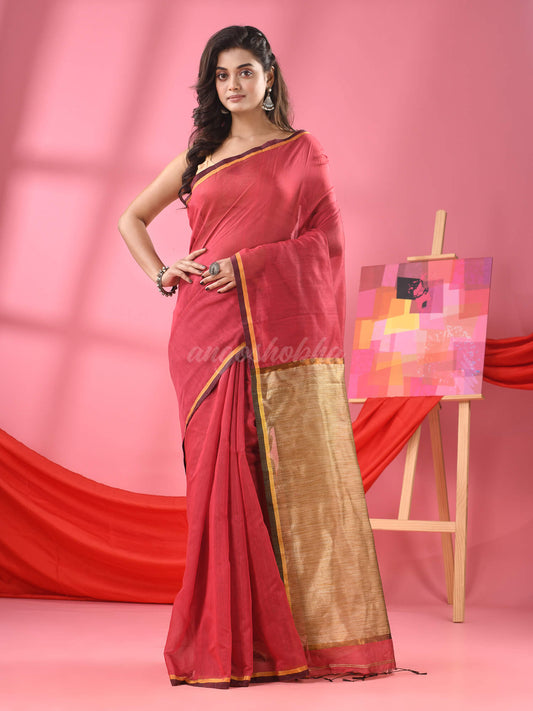 Dark Peach Cotton Blend Handloom Saree