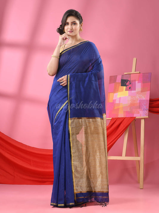 Blue Cotton Blend Handloom Saree