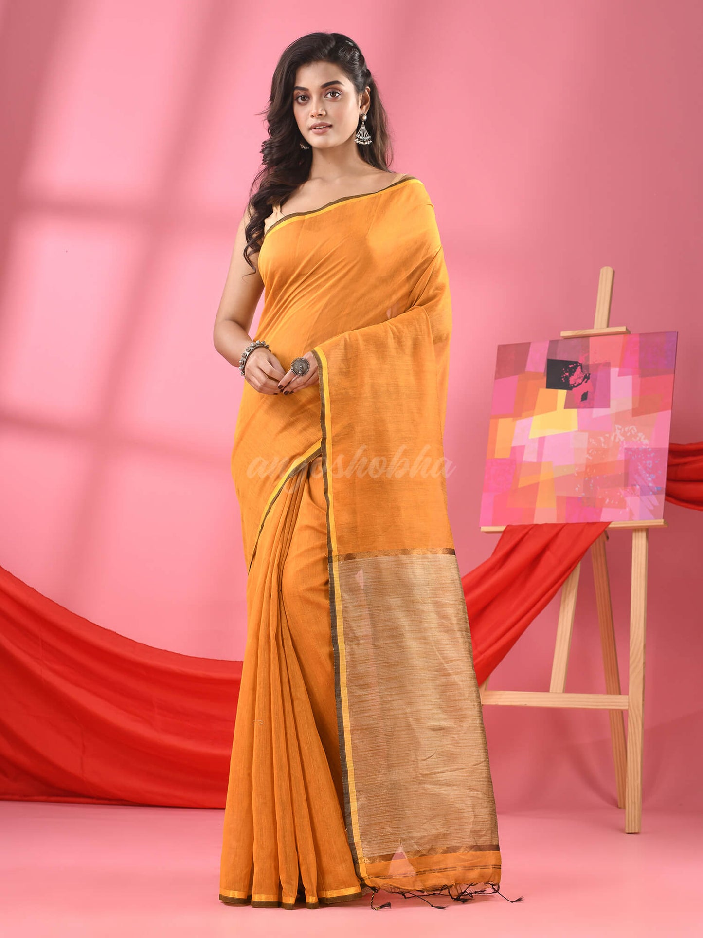 Yellow Cotton Blend Handloom Saree