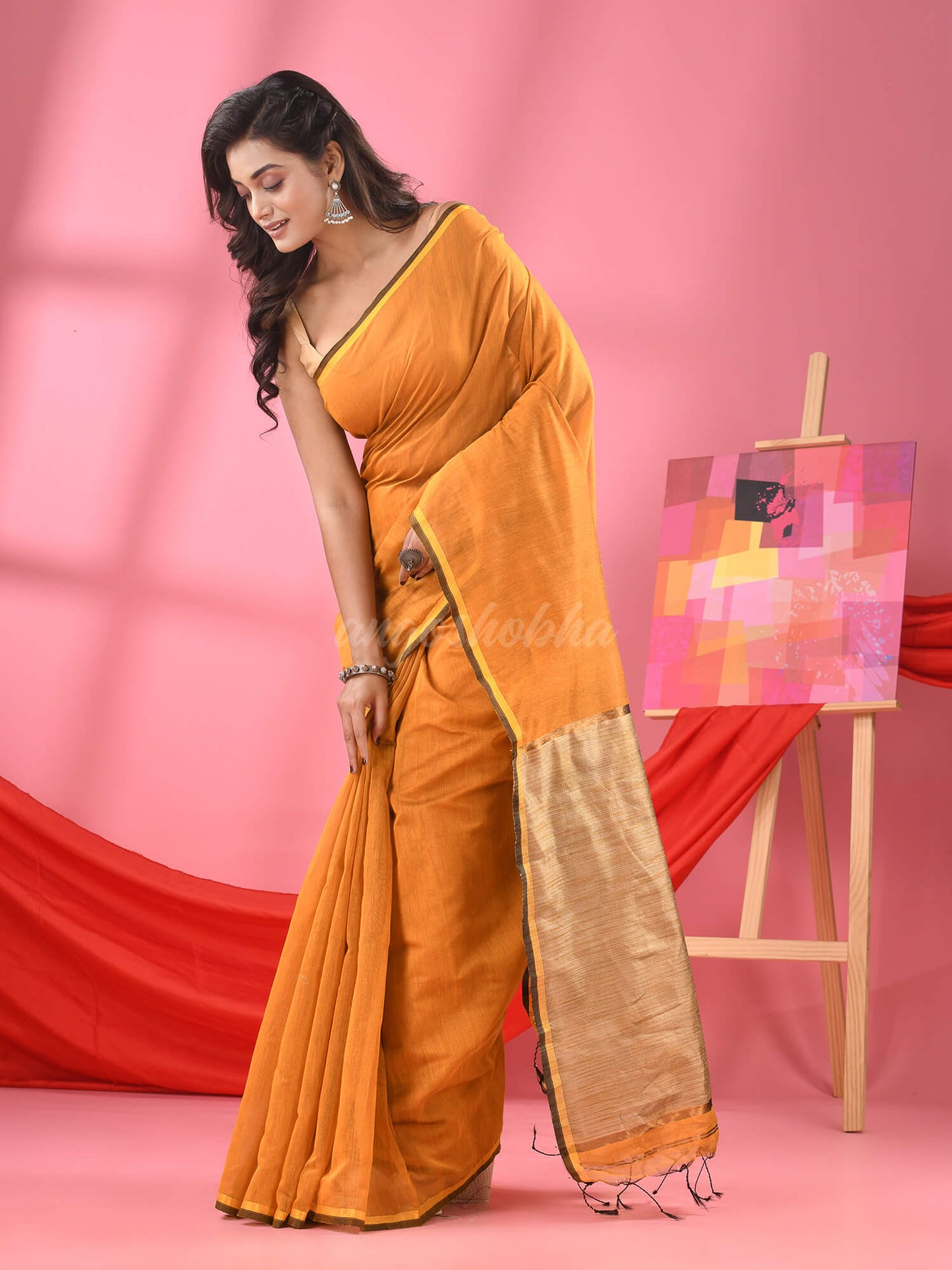 Yellow Cotton Blend Handloom Saree