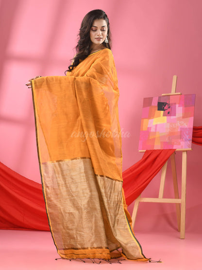 Yellow Cotton Blend Handloom Saree