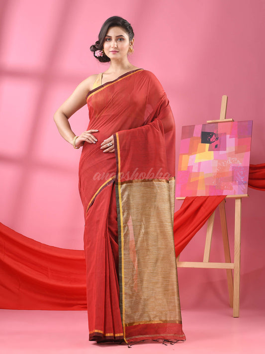 Red Cotton Blend Handloom Saree