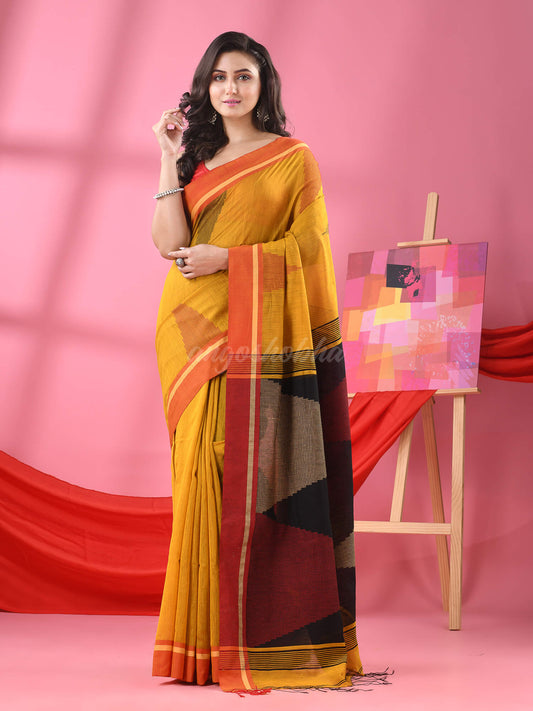 Yellow Cotton Blend Temple Motive Handloom Saree