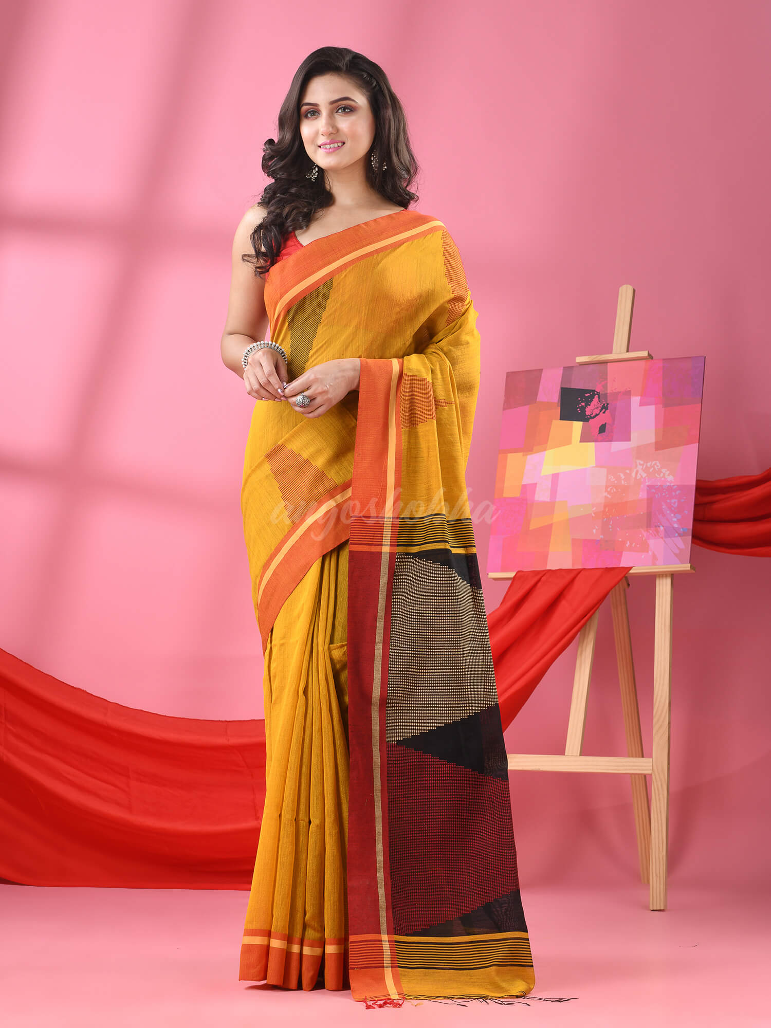 Yellow Cotton Blend Temple Motive Handloom Saree