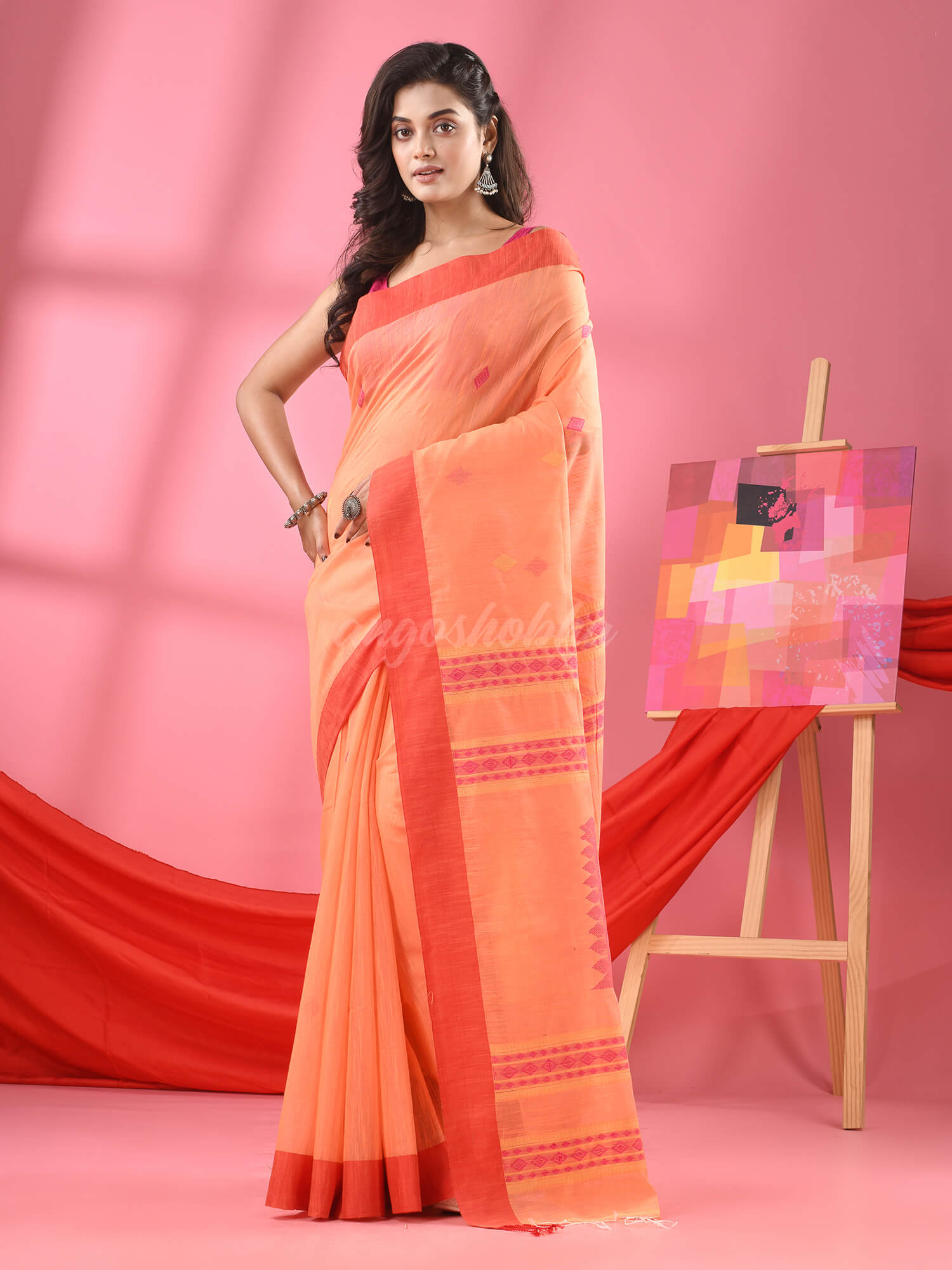Peach Cotton Blend Jacquard Handloom Saree