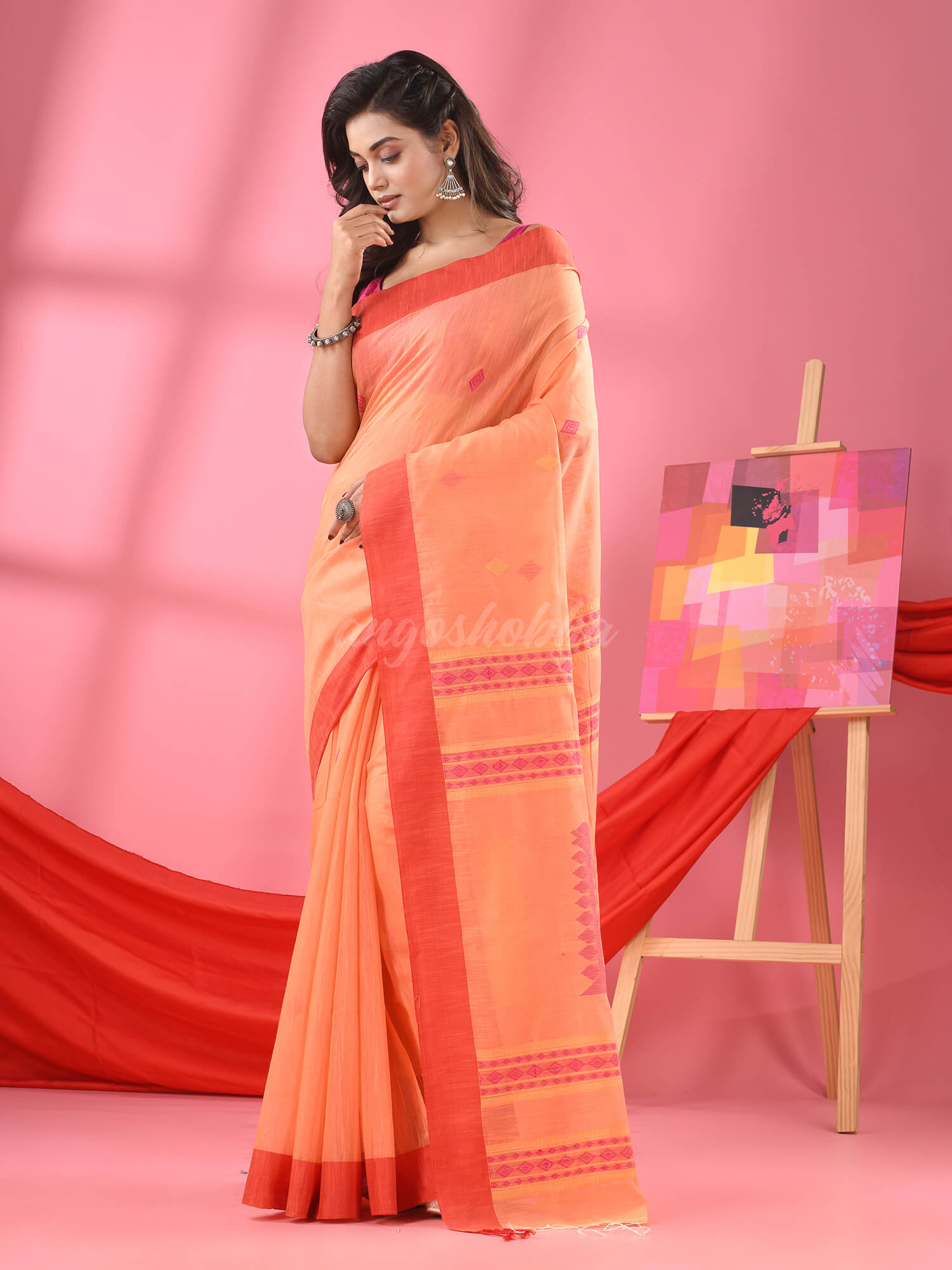Peach Cotton Blend Jacquard Handloom Saree