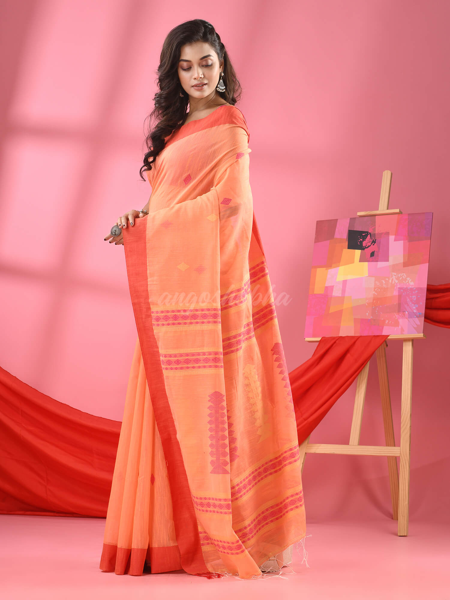 Peach Cotton Blend Jacquard Handloom Saree