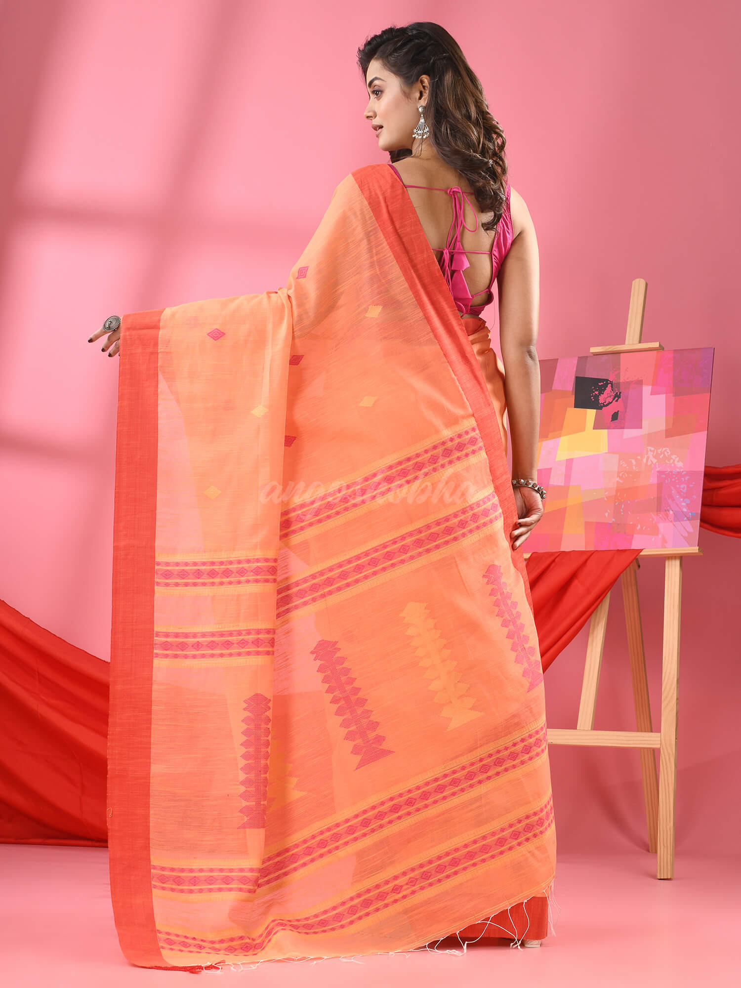 Peach Cotton Blend Jacquard Handloom Saree