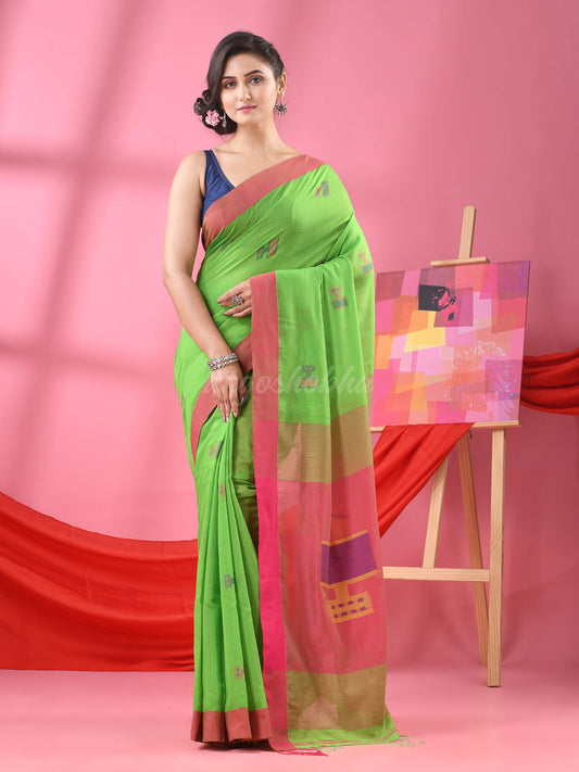 Green Cotton Blend All Body Laptop Motive Handloom Saree