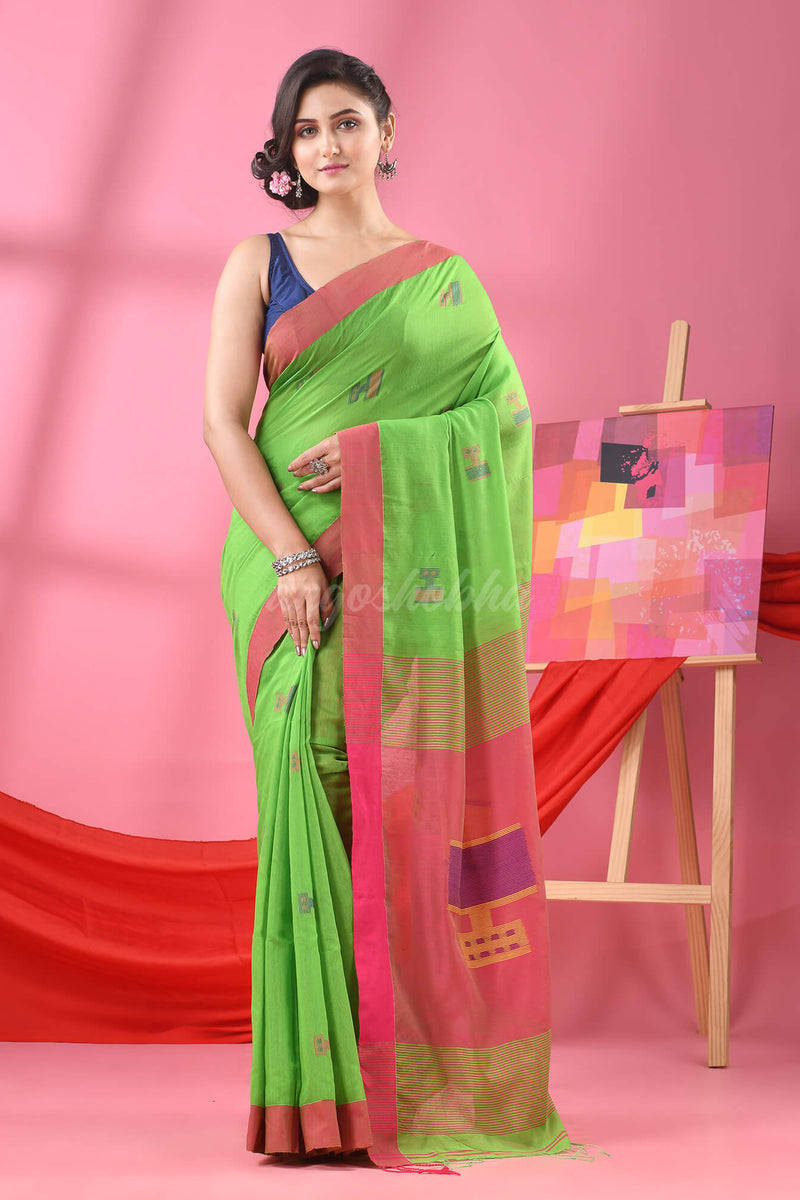 Green Cotton Blend All Body Laptop Motive Handloom Saree