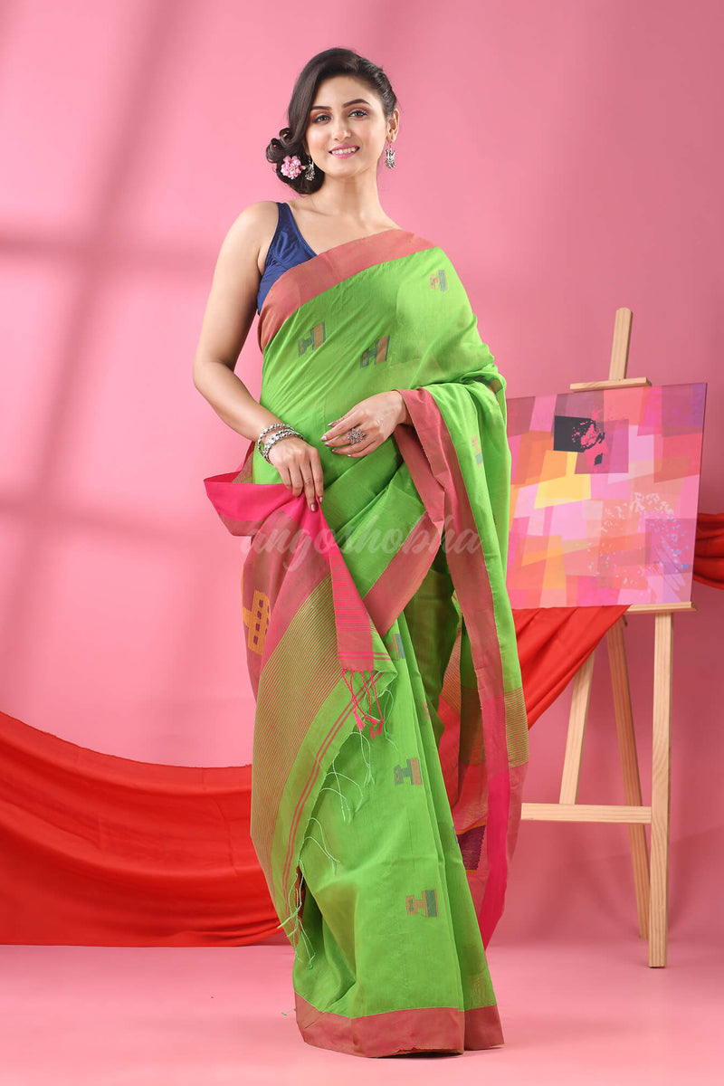 Green Cotton Blend All Body Laptop Motive Handloom Saree