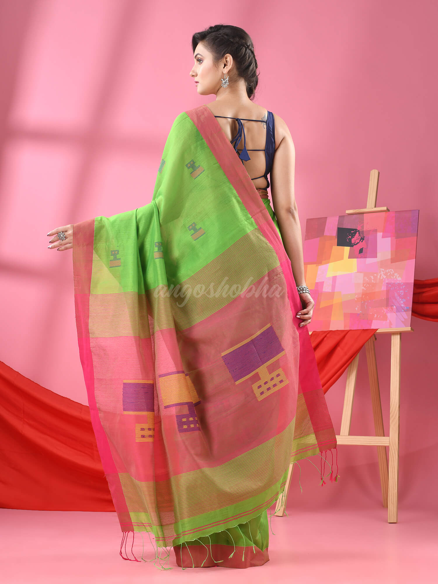 Green Cotton Blend All Body Laptop Motive Handloom Saree