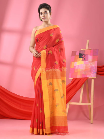 Red Cotton Blend All Body Buti Handloom Saree