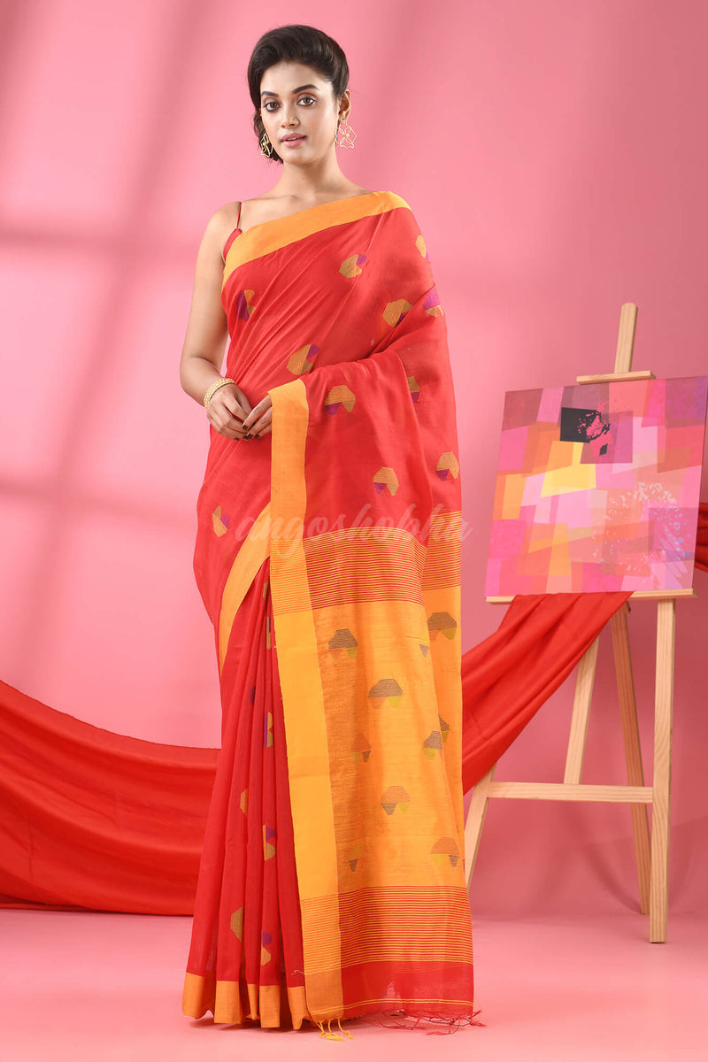 Red Cotton Blend All Body Buti Handloom Saree