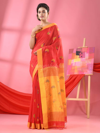 Red Cotton Blend All Body Buti Handloom Saree