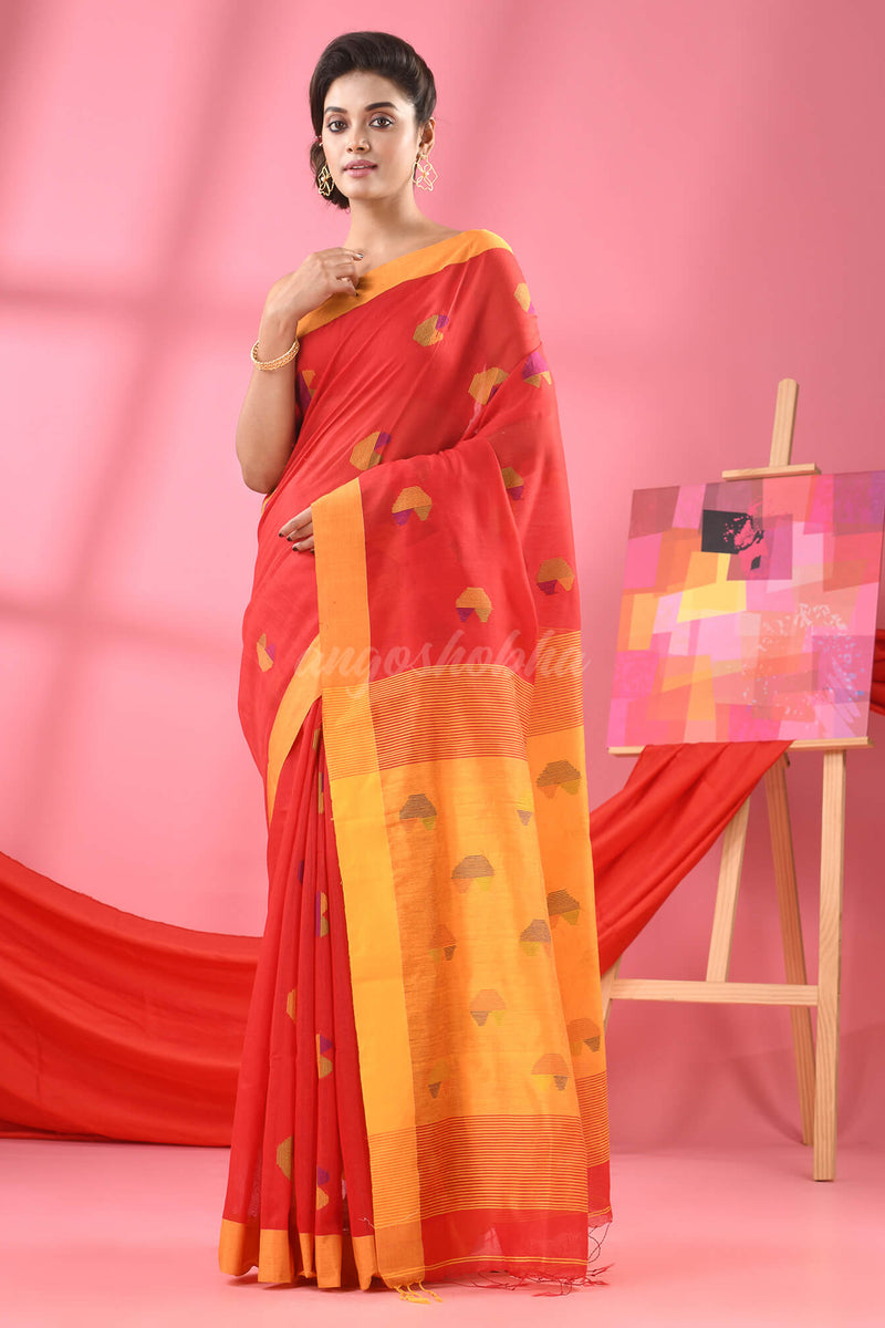 Red Cotton Blend All Body Buti Handloom Saree