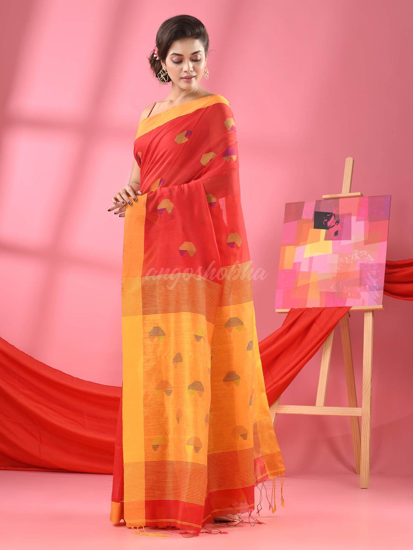 Red Cotton Blend All Body Buti Handloom Saree