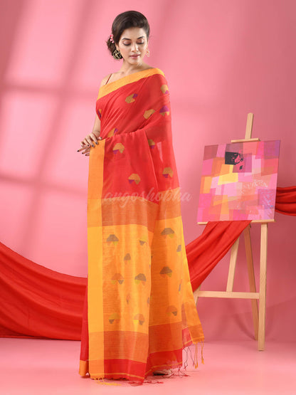 Red Cotton Blend All Body Buti Handloom Saree