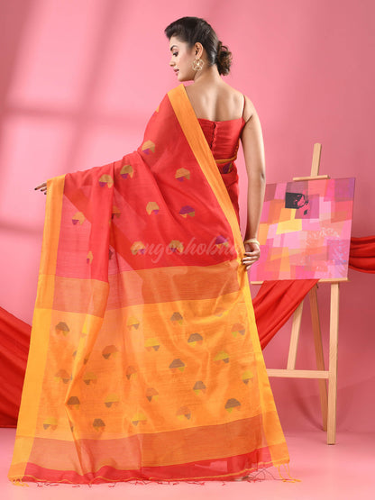 Red Cotton Blend All Body Buti Handloom Saree