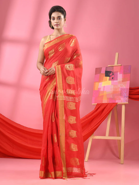 Red Cotton Blend Handloom Saree