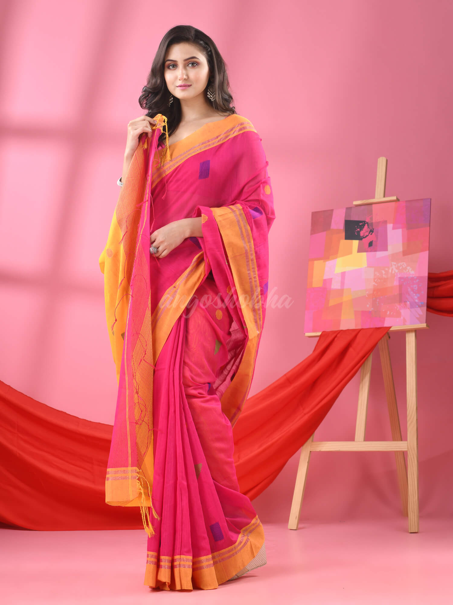 Pink Cotton Blend All Body Buti Handloom Saree