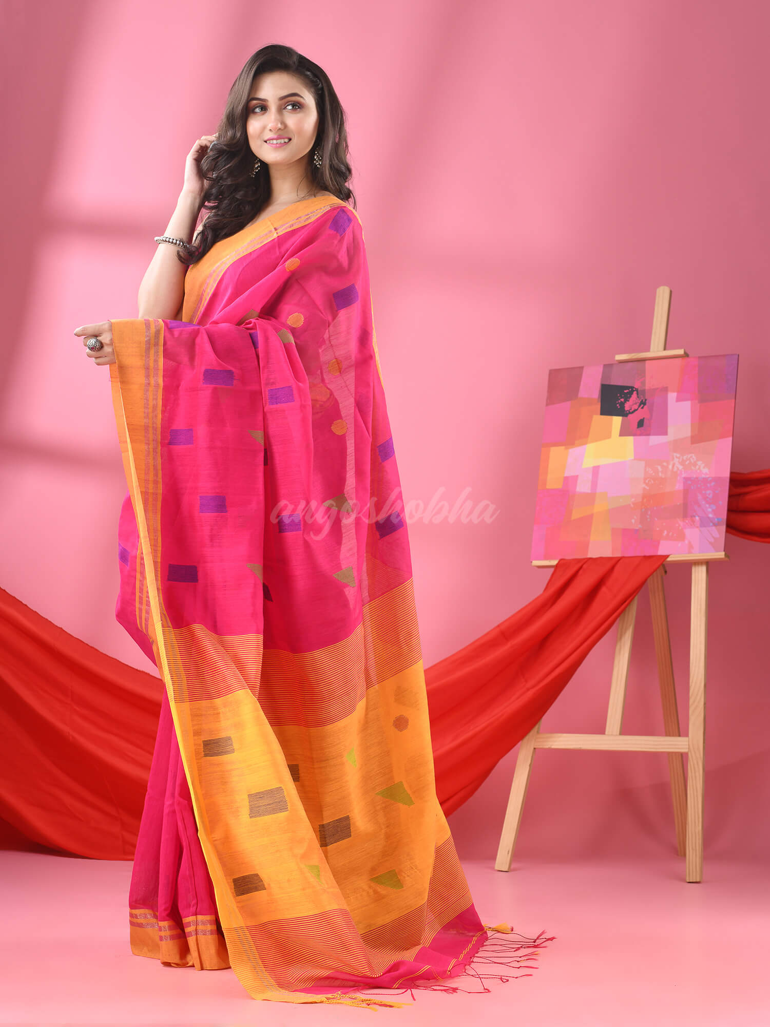 Pink Cotton Blend All Body Buti Handloom Saree