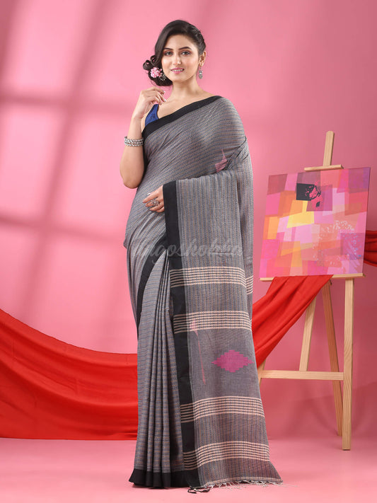 Grey Cotton Kantha Stitch Handloom Saree