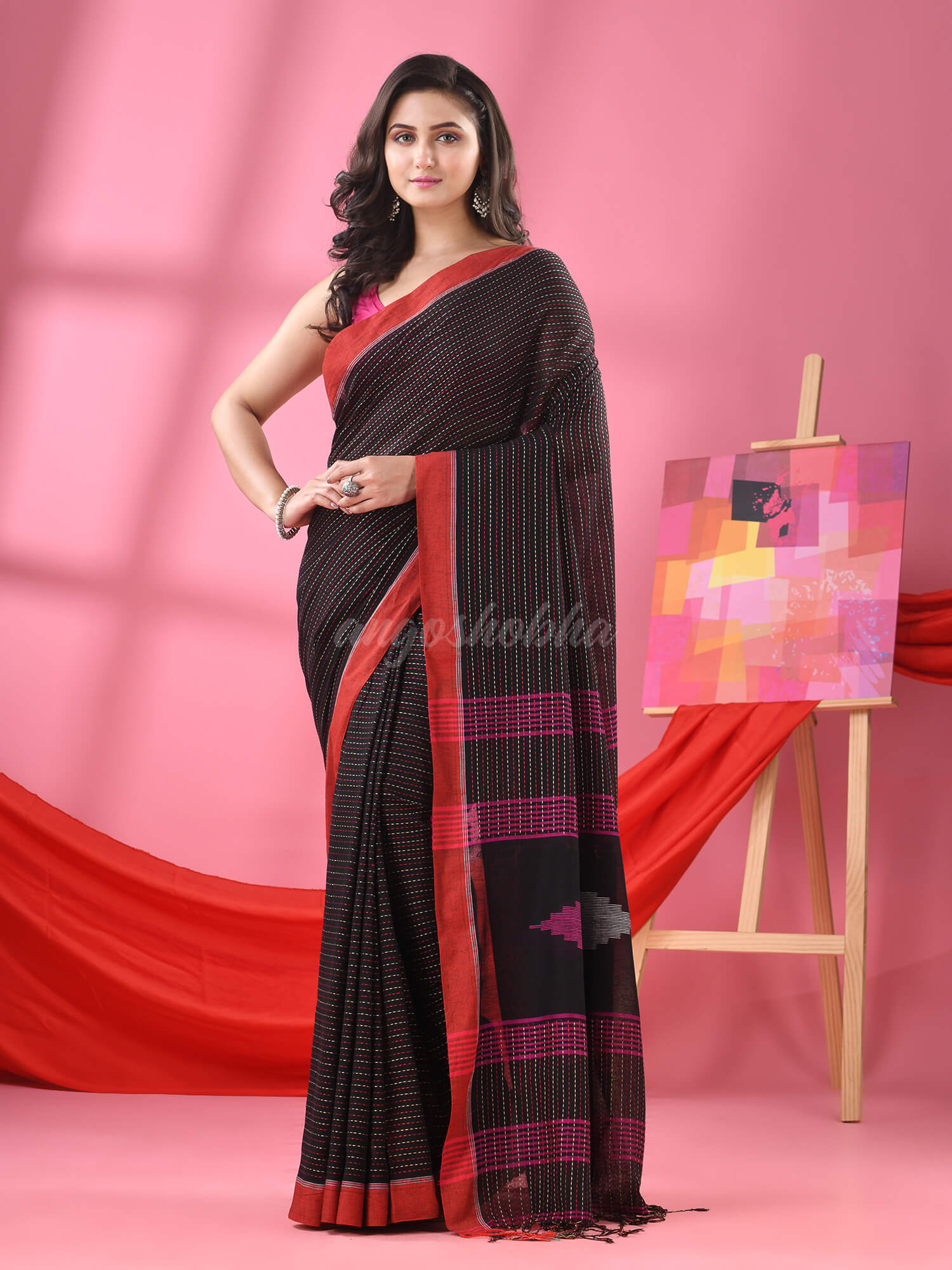 Black Cotton Kantha Stitch Handloom Saree