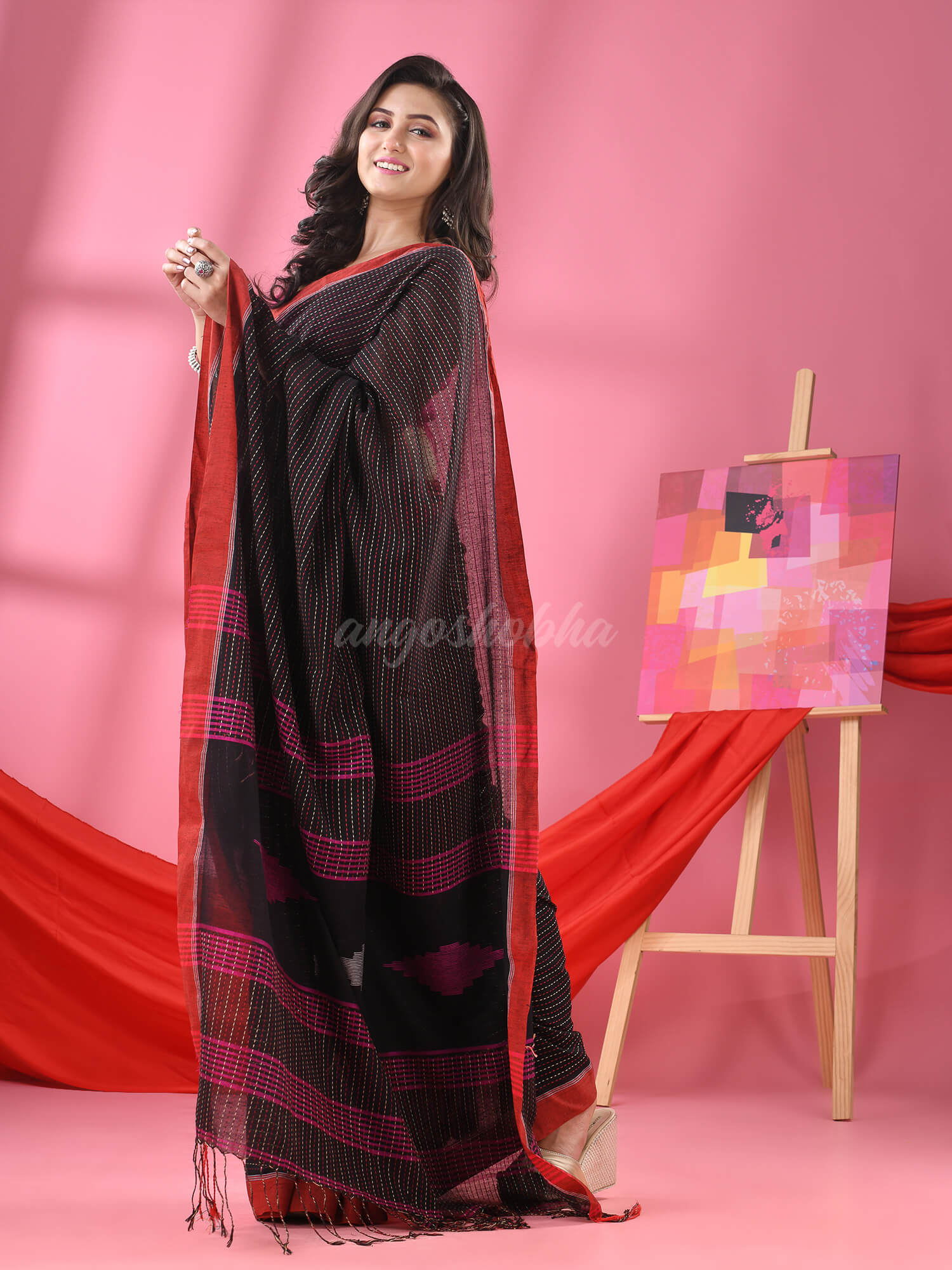 Black Cotton Kantha Stitch Handloom Saree