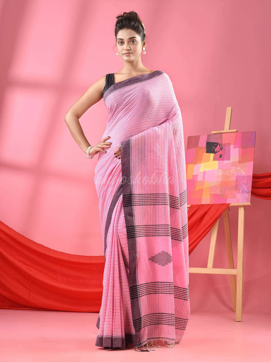 Baby Pink Cotton Kantha Stitch Handloom Saree