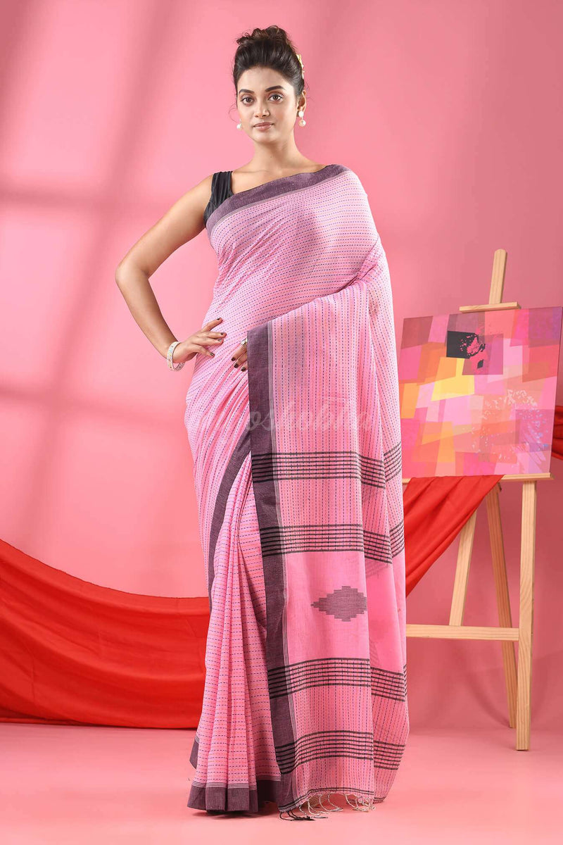 Baby Pink Cotton Kantha Stitch Handloom Saree