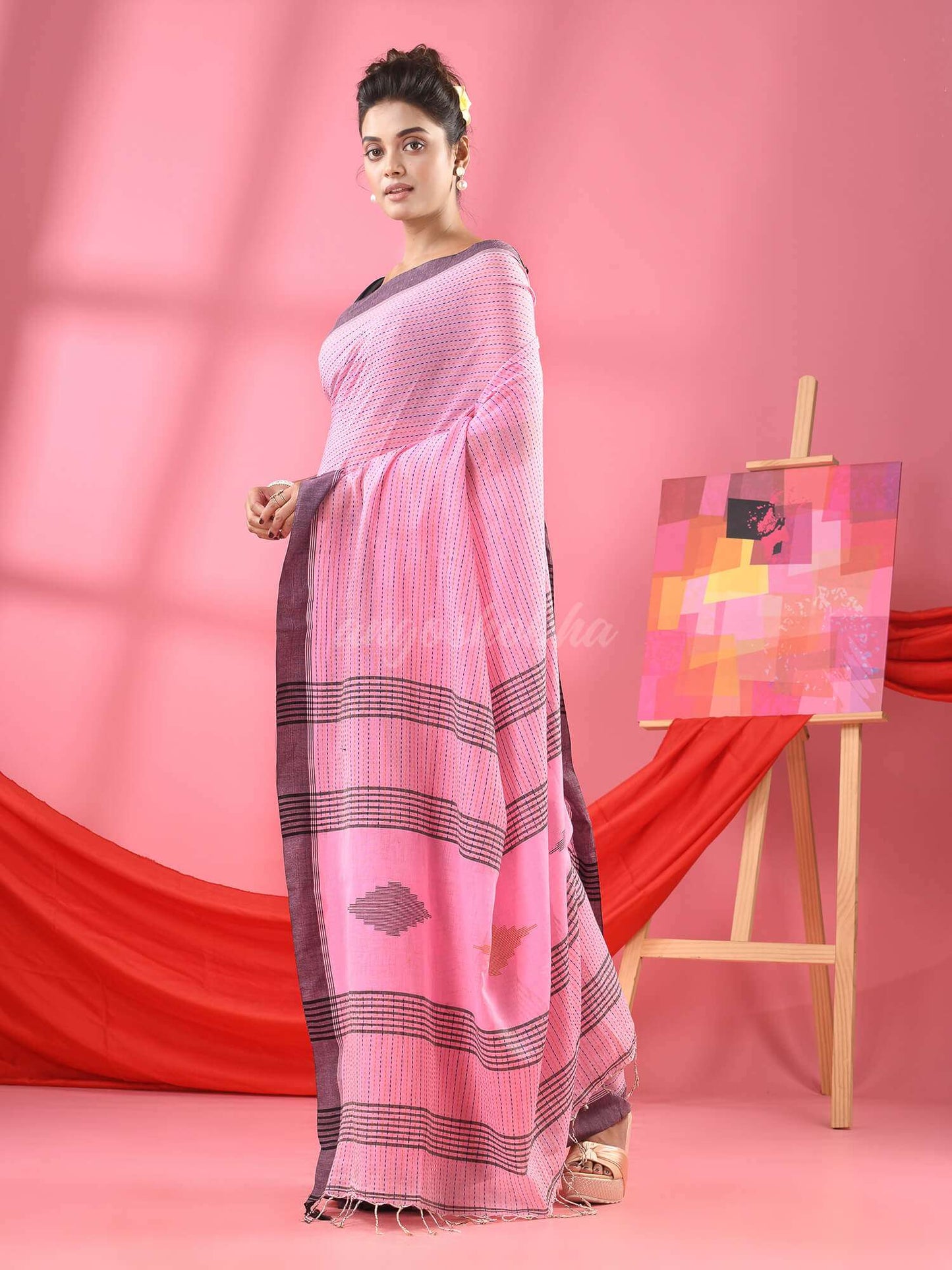 Baby Pink Cotton Kantha Stitch Handloom Saree