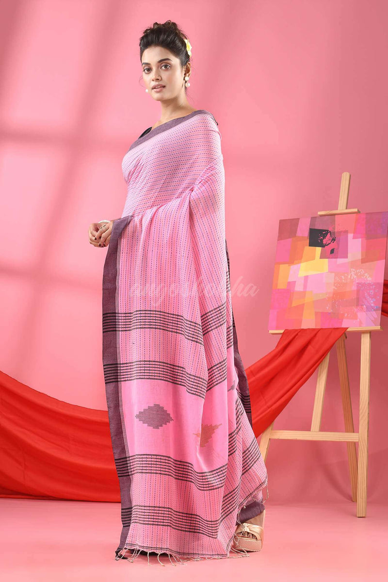 Baby Pink Cotton Kantha Stitch Handloom Saree