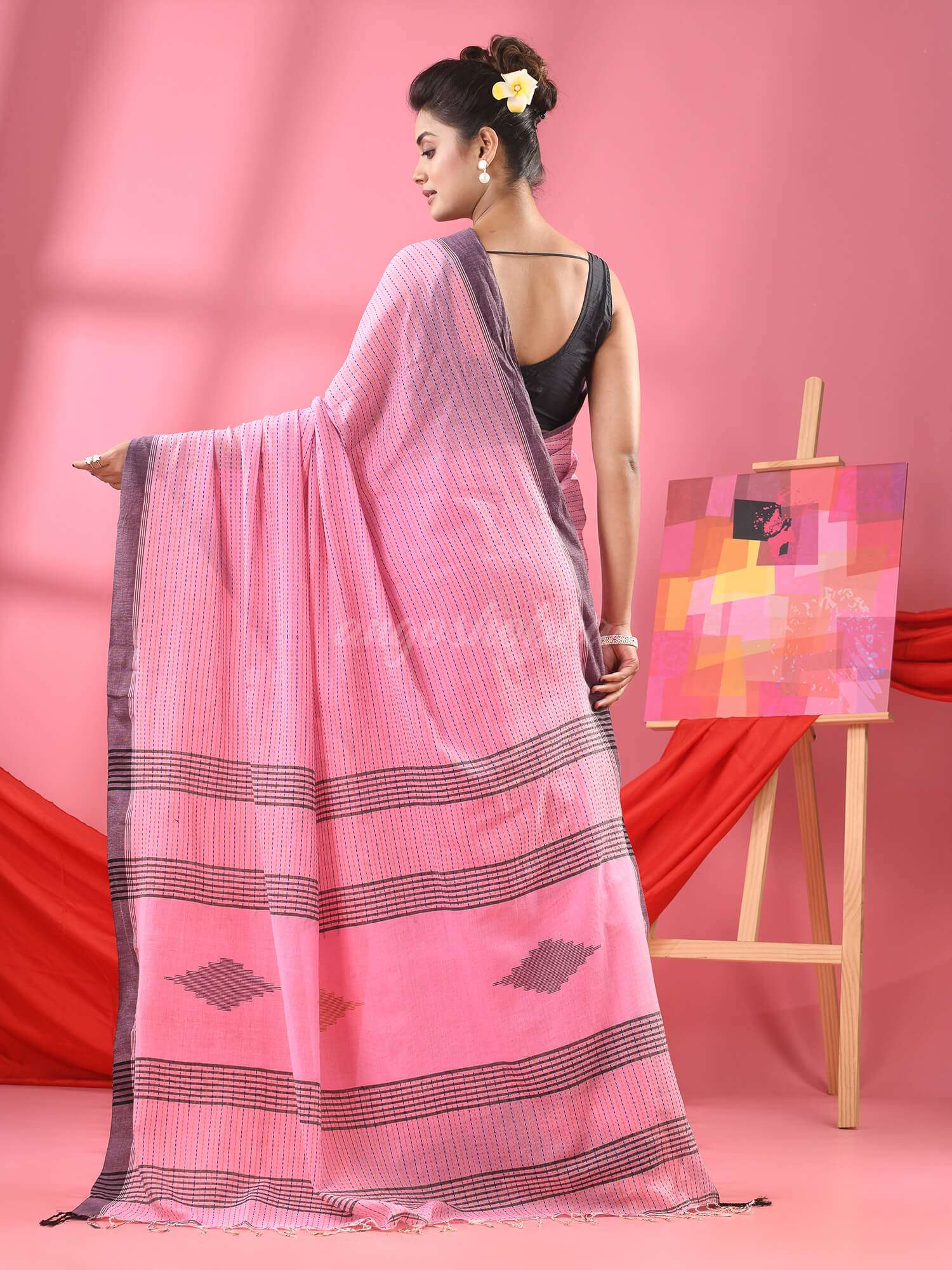 Baby Pink Cotton Kantha Stitch Handloom Saree