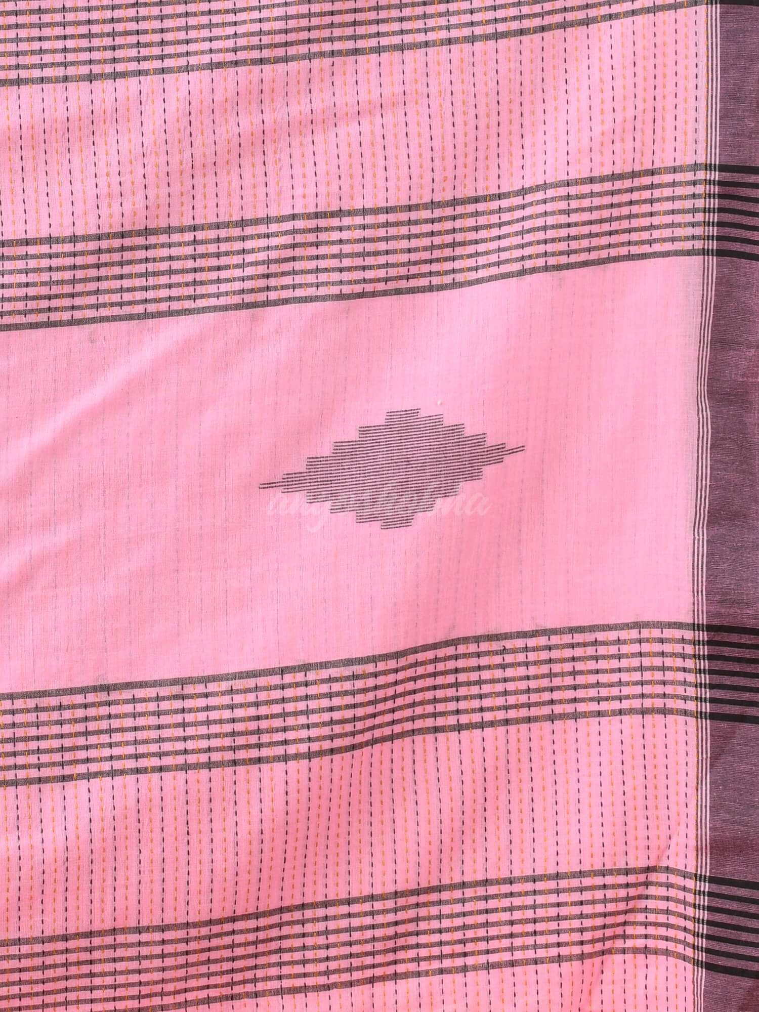 Baby Pink Cotton Kantha Stitch Handloom Saree