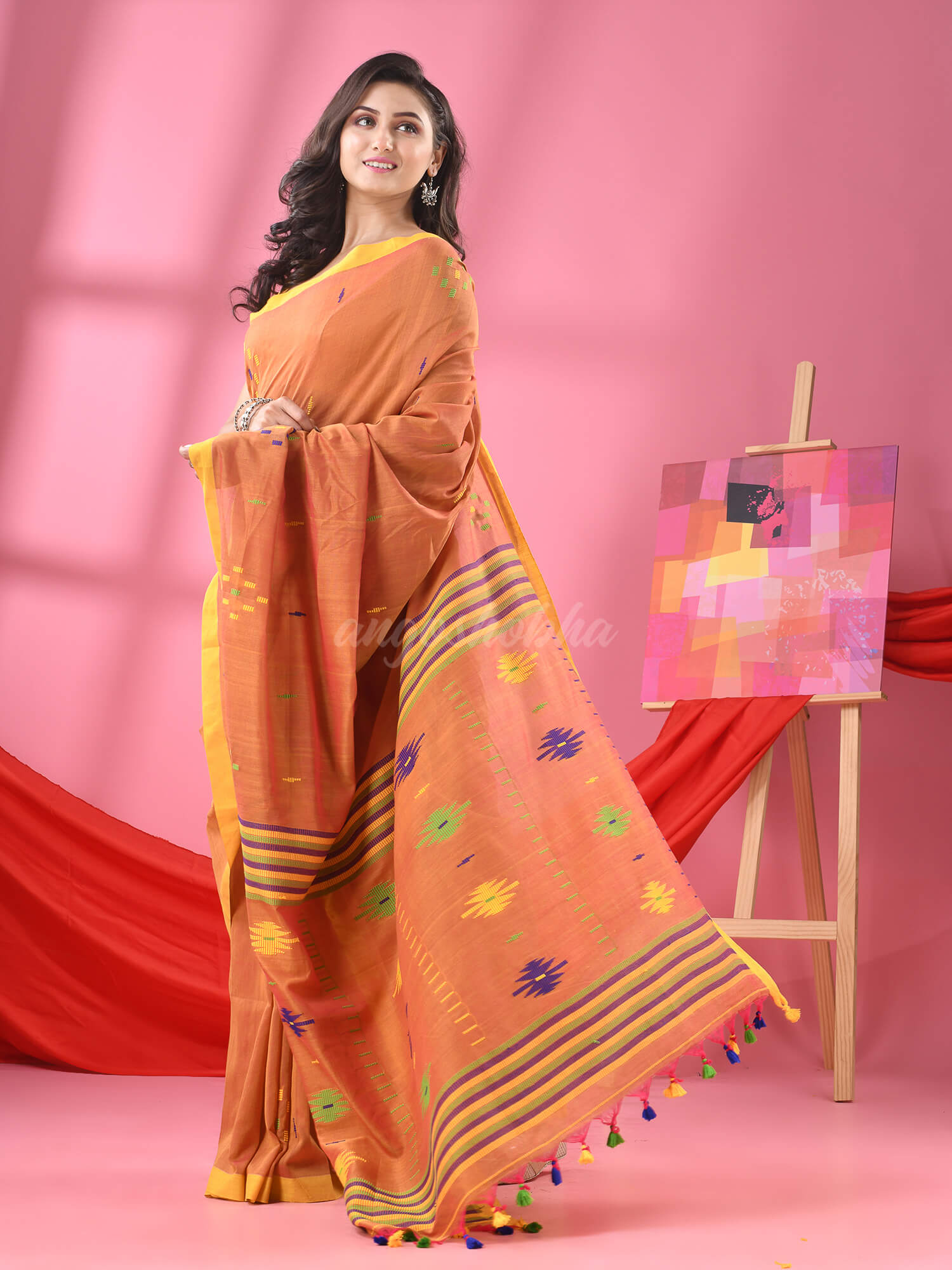 Rust  Cotton All Body Buti Handloom Saree