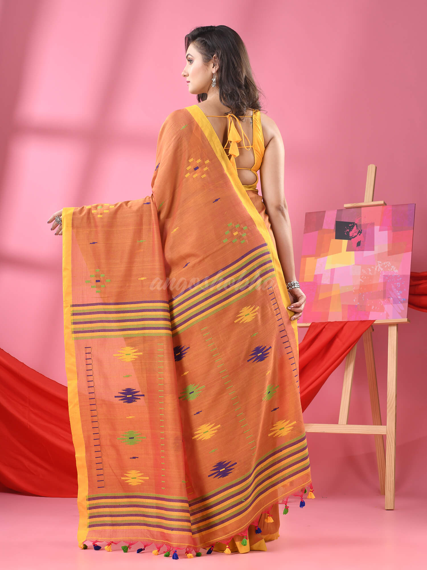 Rust  Cotton All Body Buti Handloom Saree