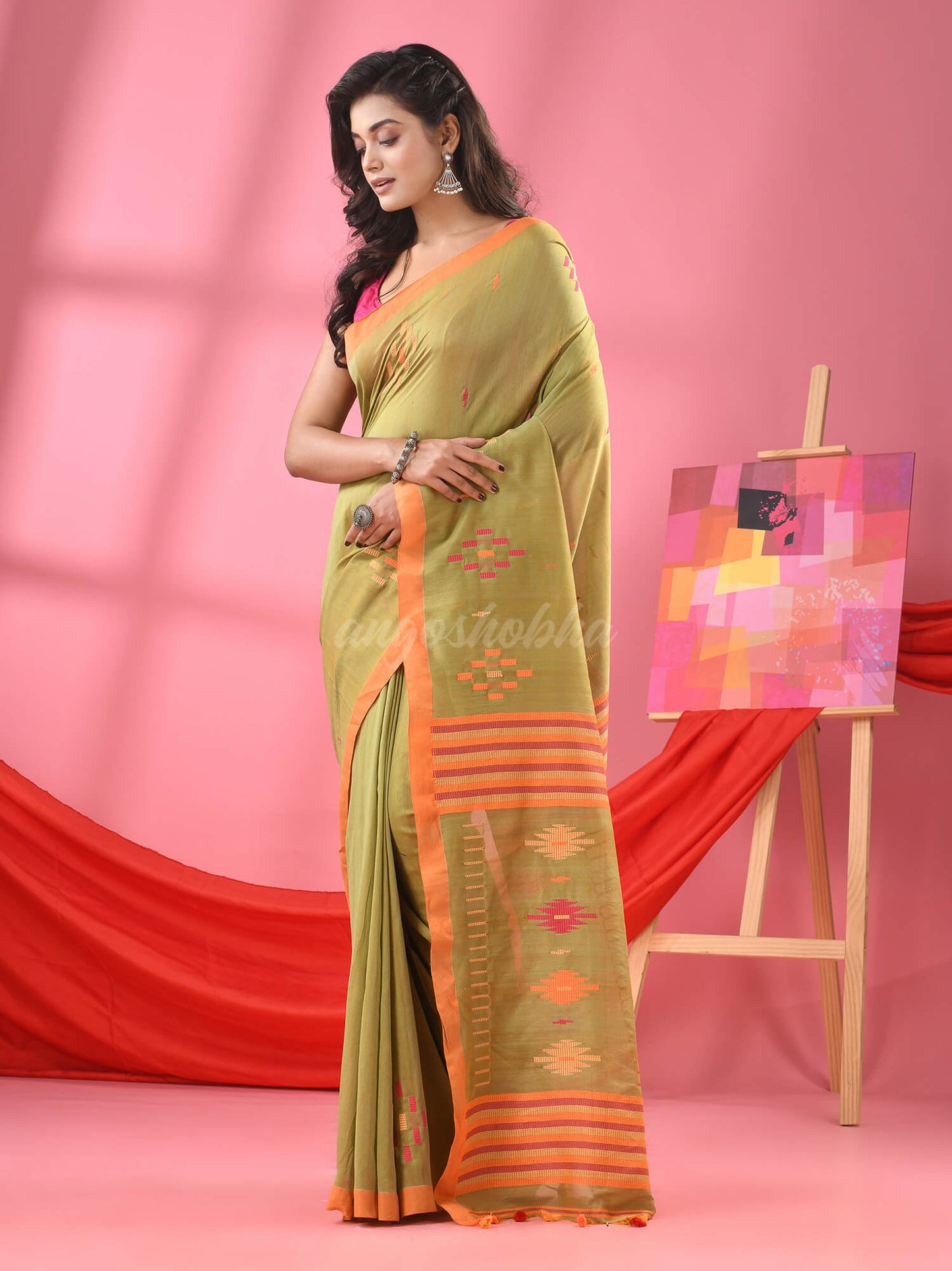 Asparagus Green Cotton All Body Buti Handloom Saree