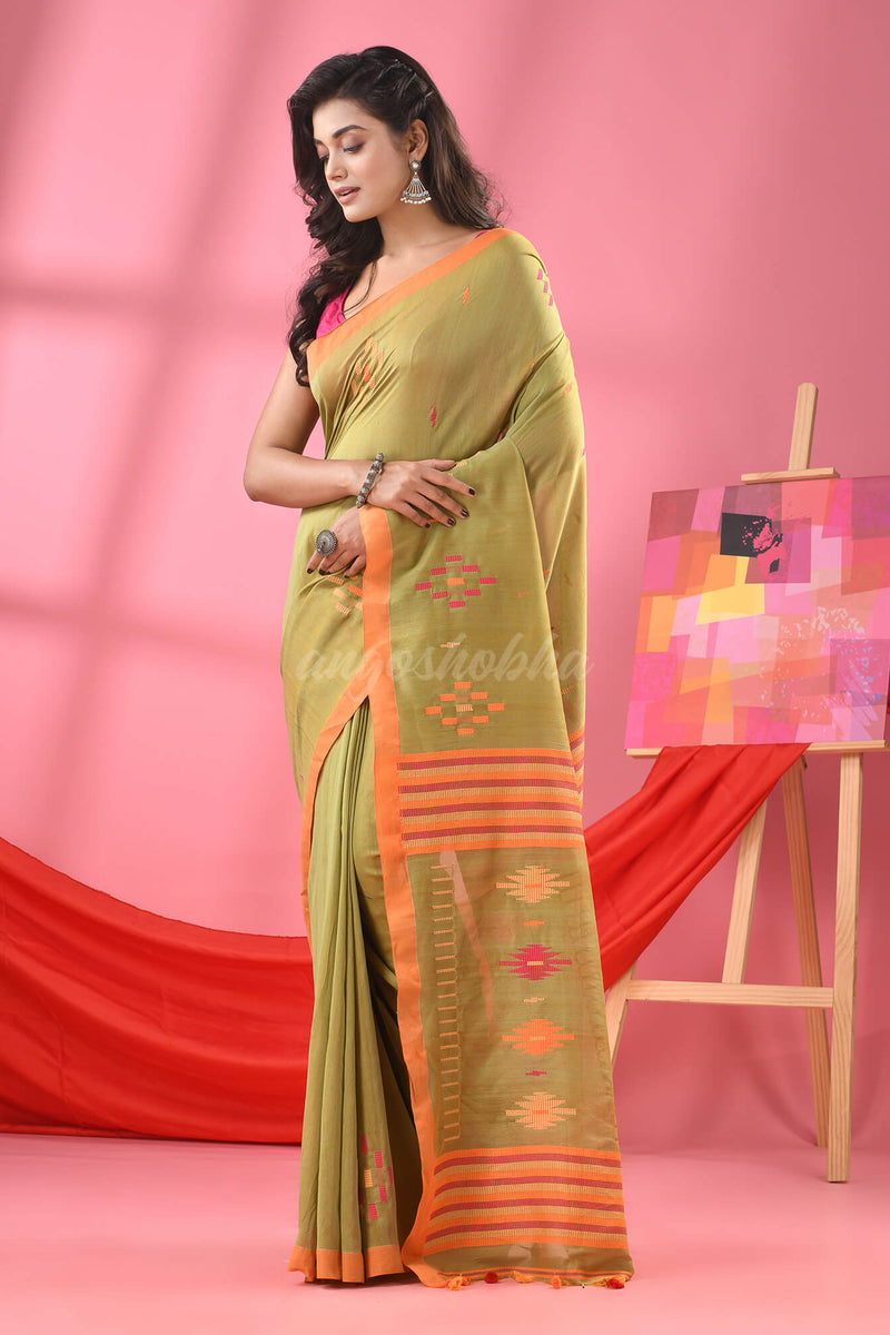 Asparagus Green Cotton All Body Buti Handloom Saree