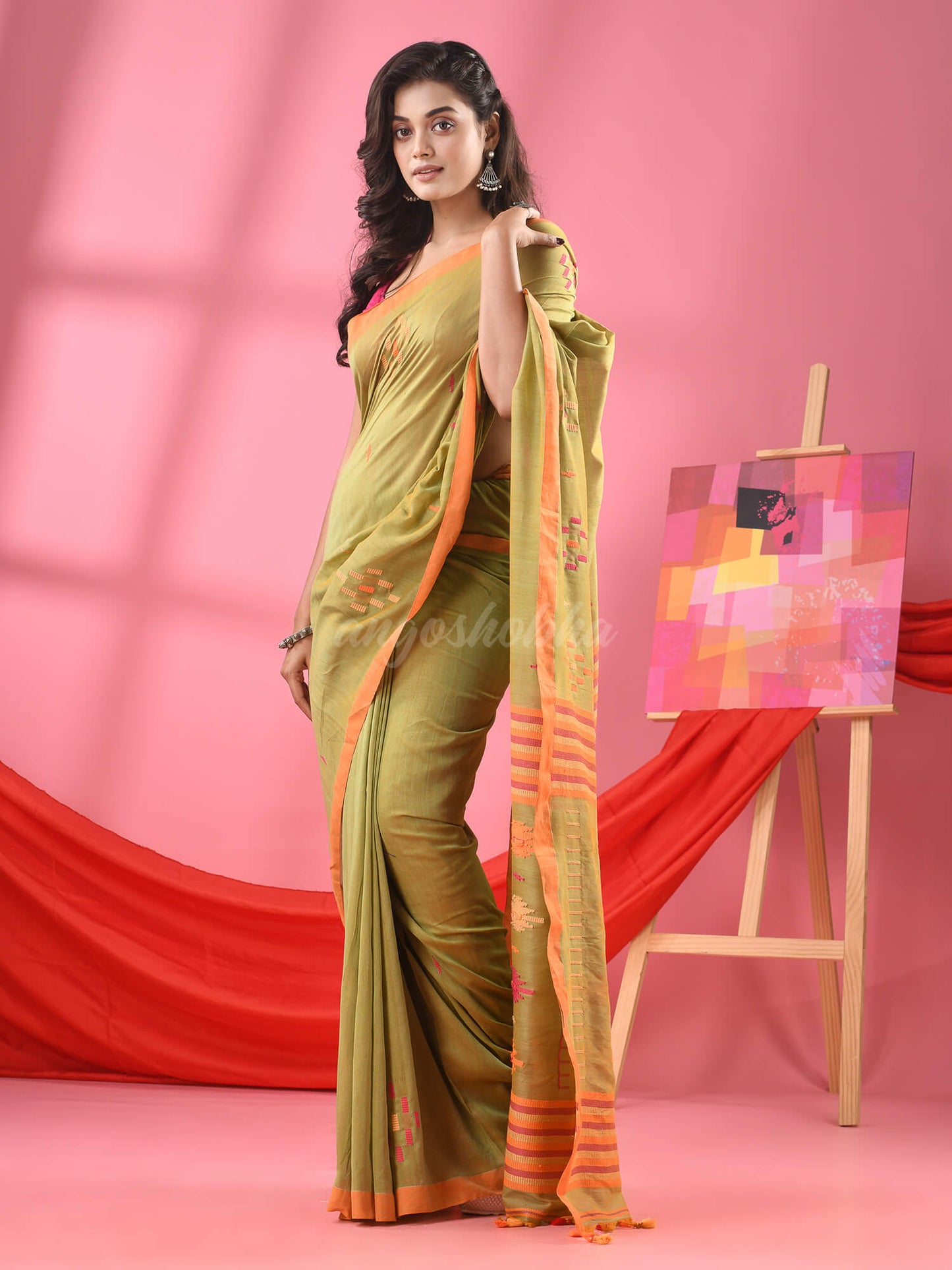 Asparagus Green Cotton All Body Buti Handloom Saree