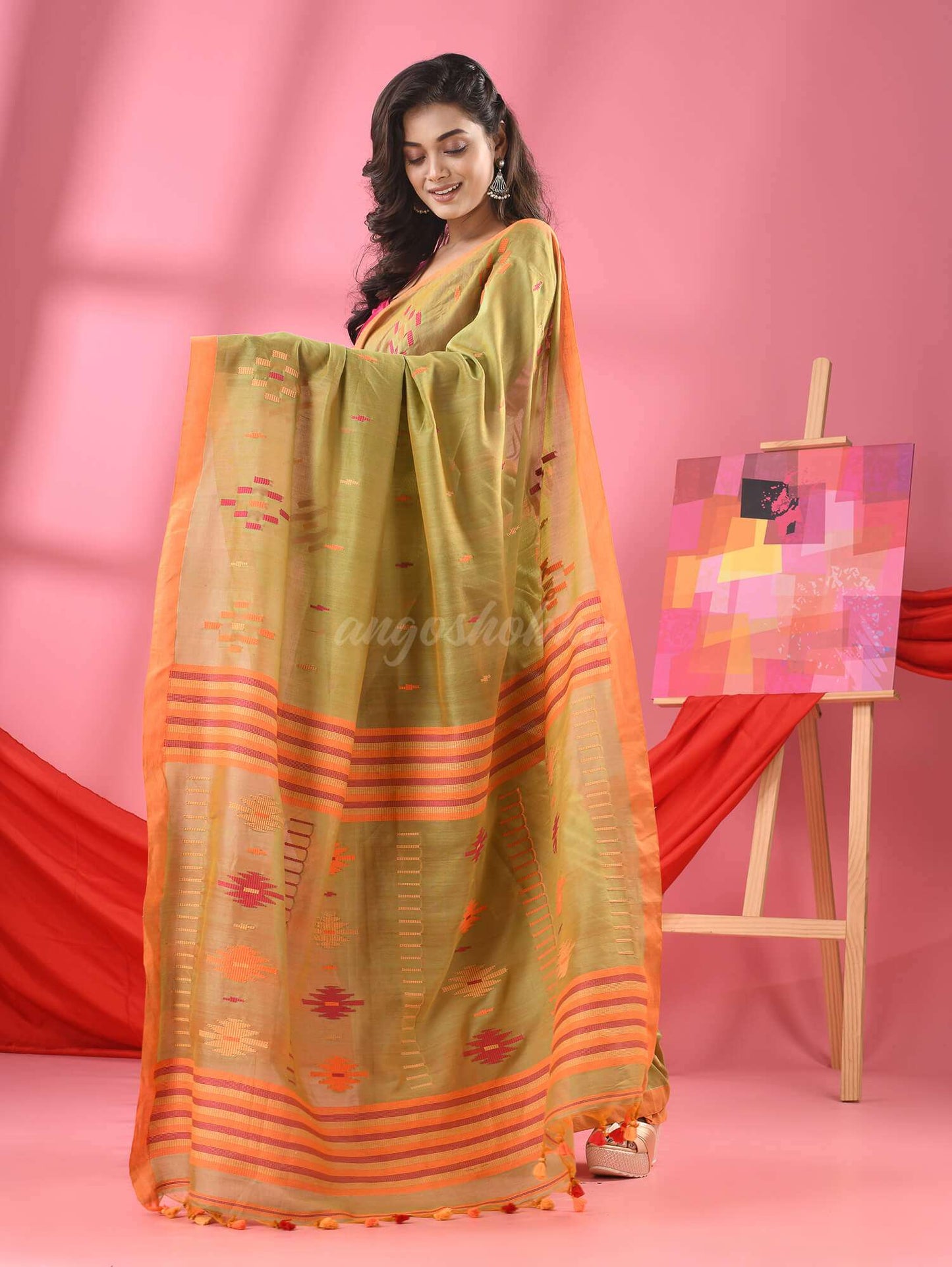 Asparagus Green Cotton All Body Buti Handloom Saree