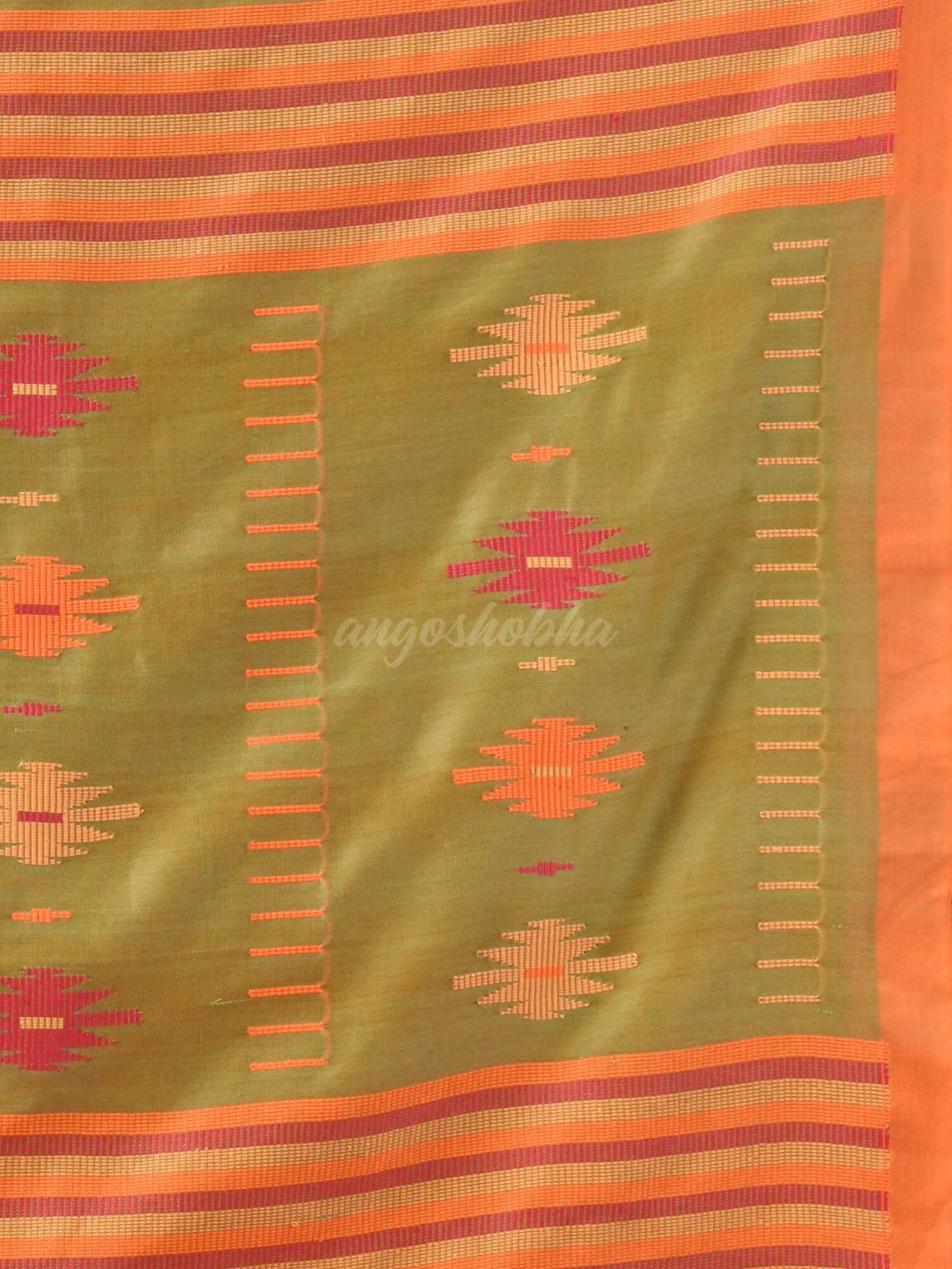 Asparagus Green Cotton All Body Buti Handloom Saree