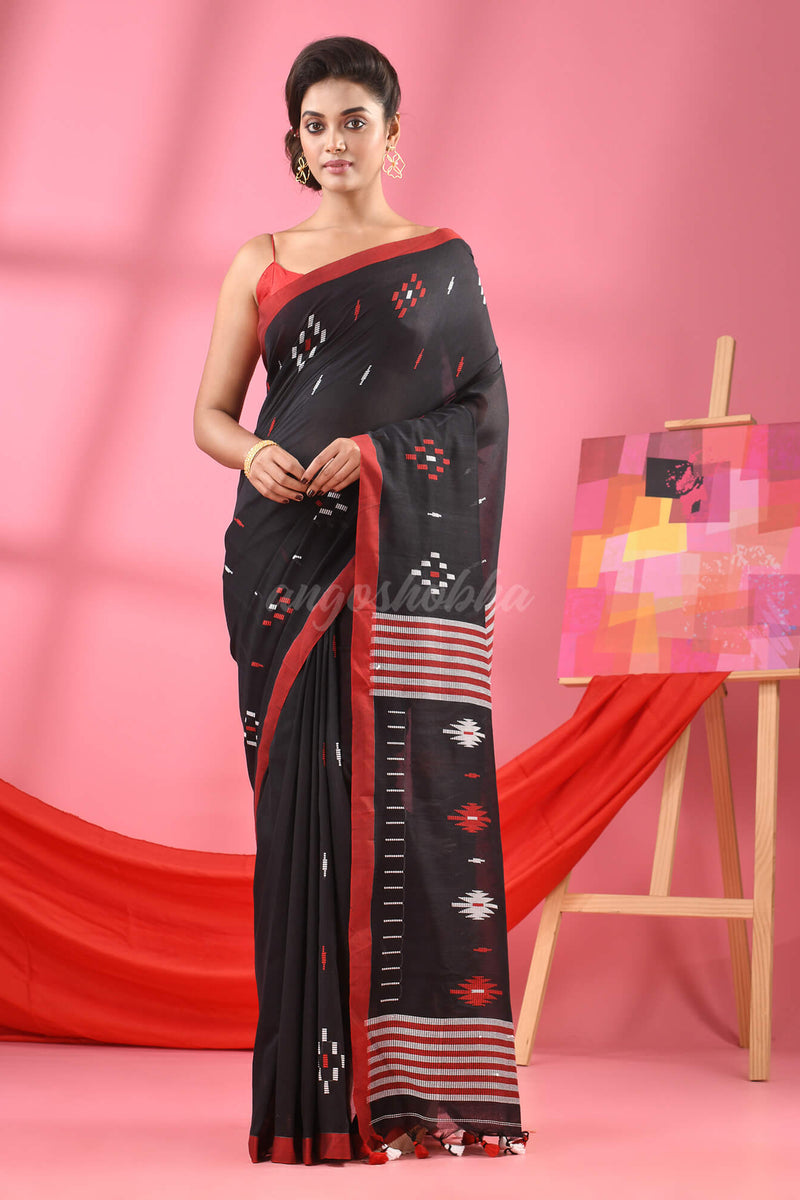 Black Cotton All Body Buti Handloom Saree