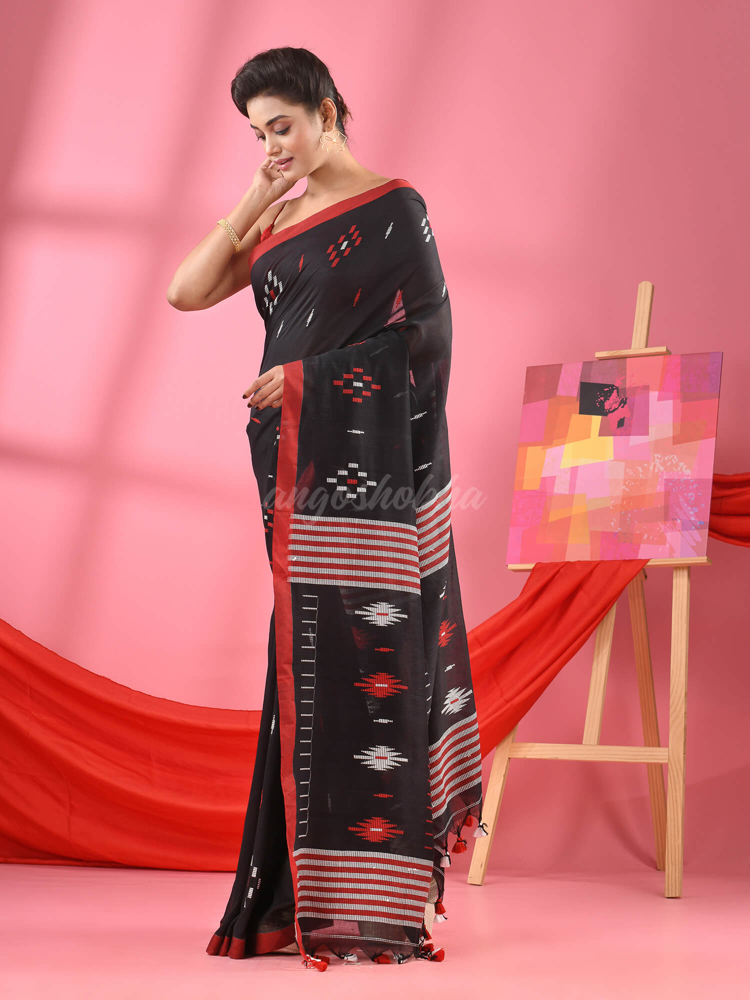 Black Cotton All Body Buti Handloom Saree
