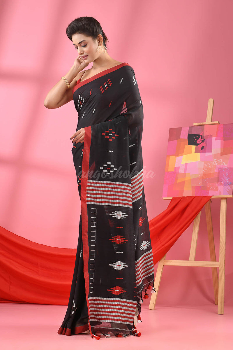 Black Cotton All Body Buti Handloom Saree