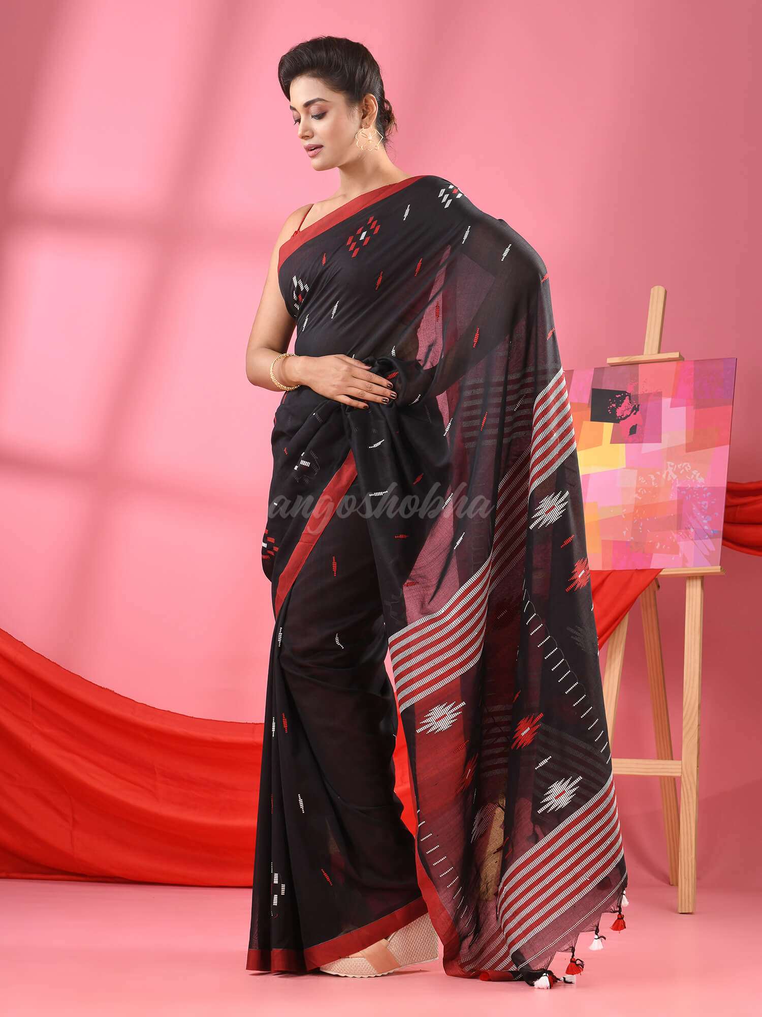 Black Cotton All Body Buti Handloom Saree