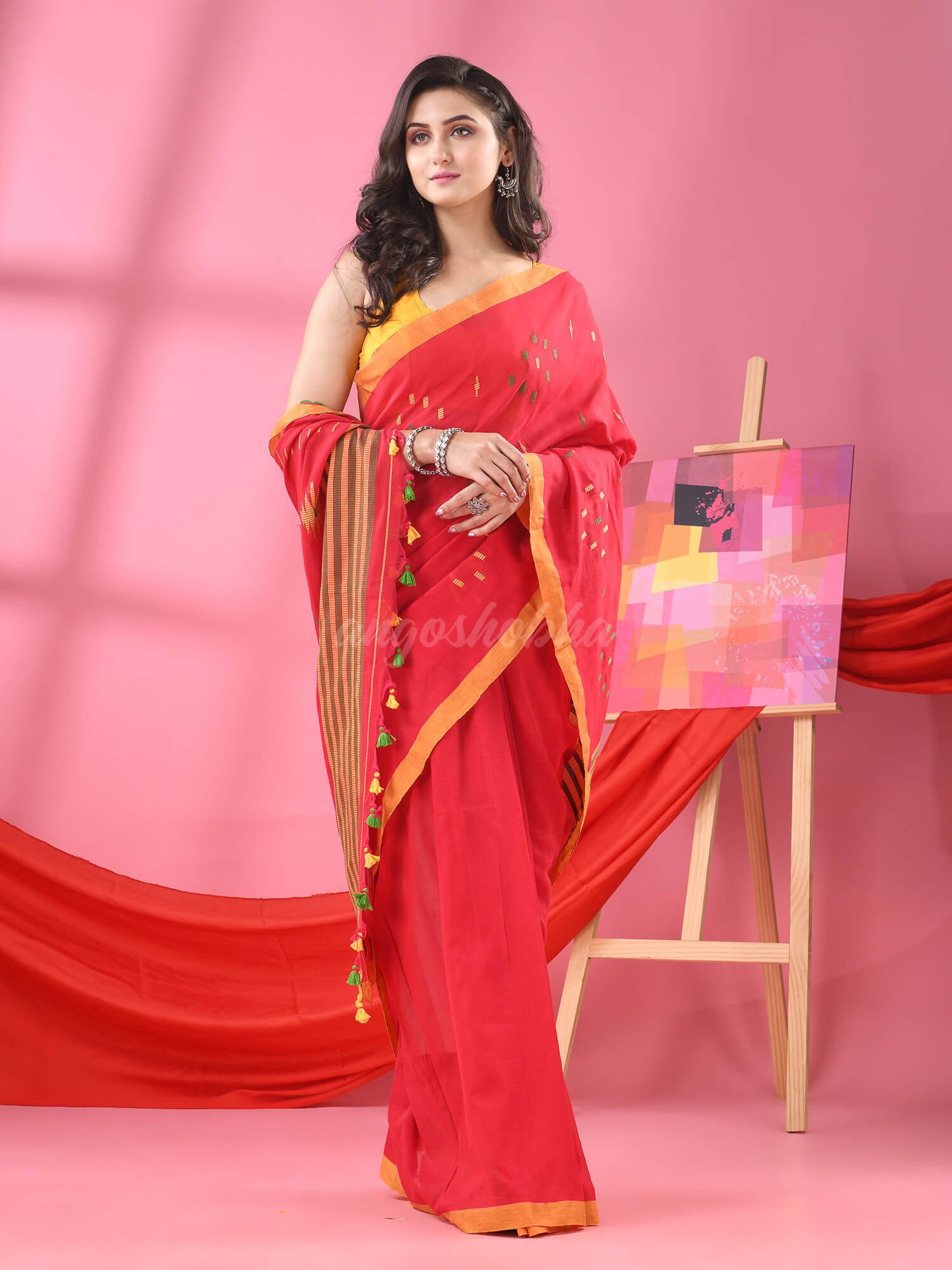 Red Cotton All Body Buti Handloom Saree
