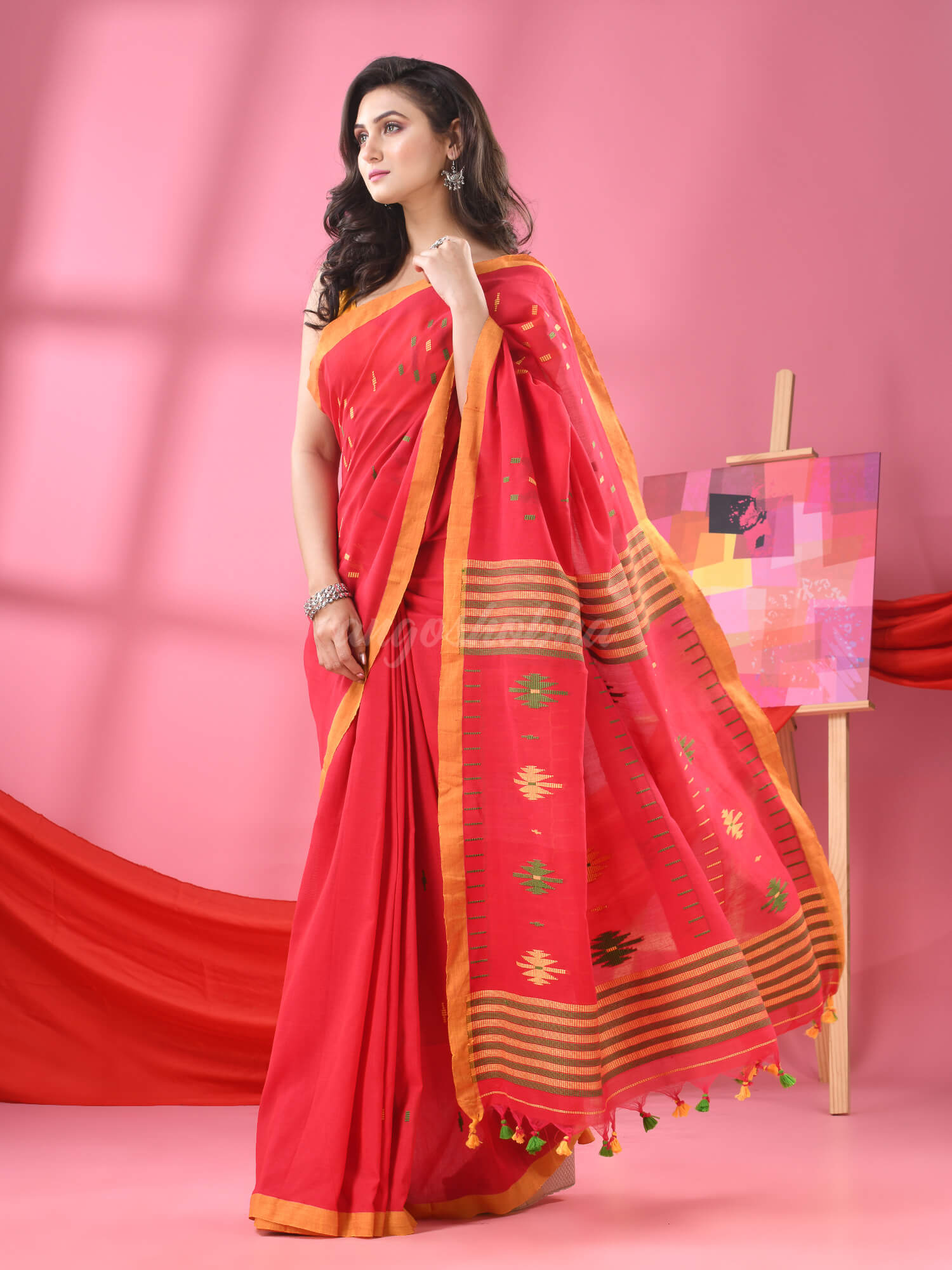 Red Cotton All Body Buti Handloom Saree